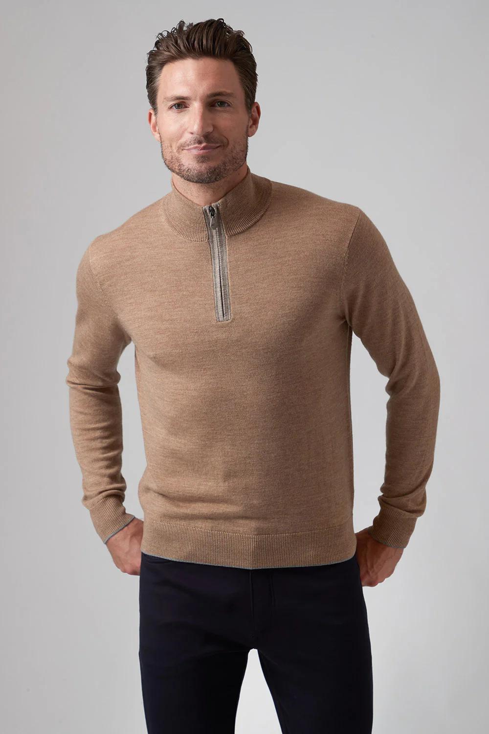 Extra Fine Merino Sweater Q Zip Camel