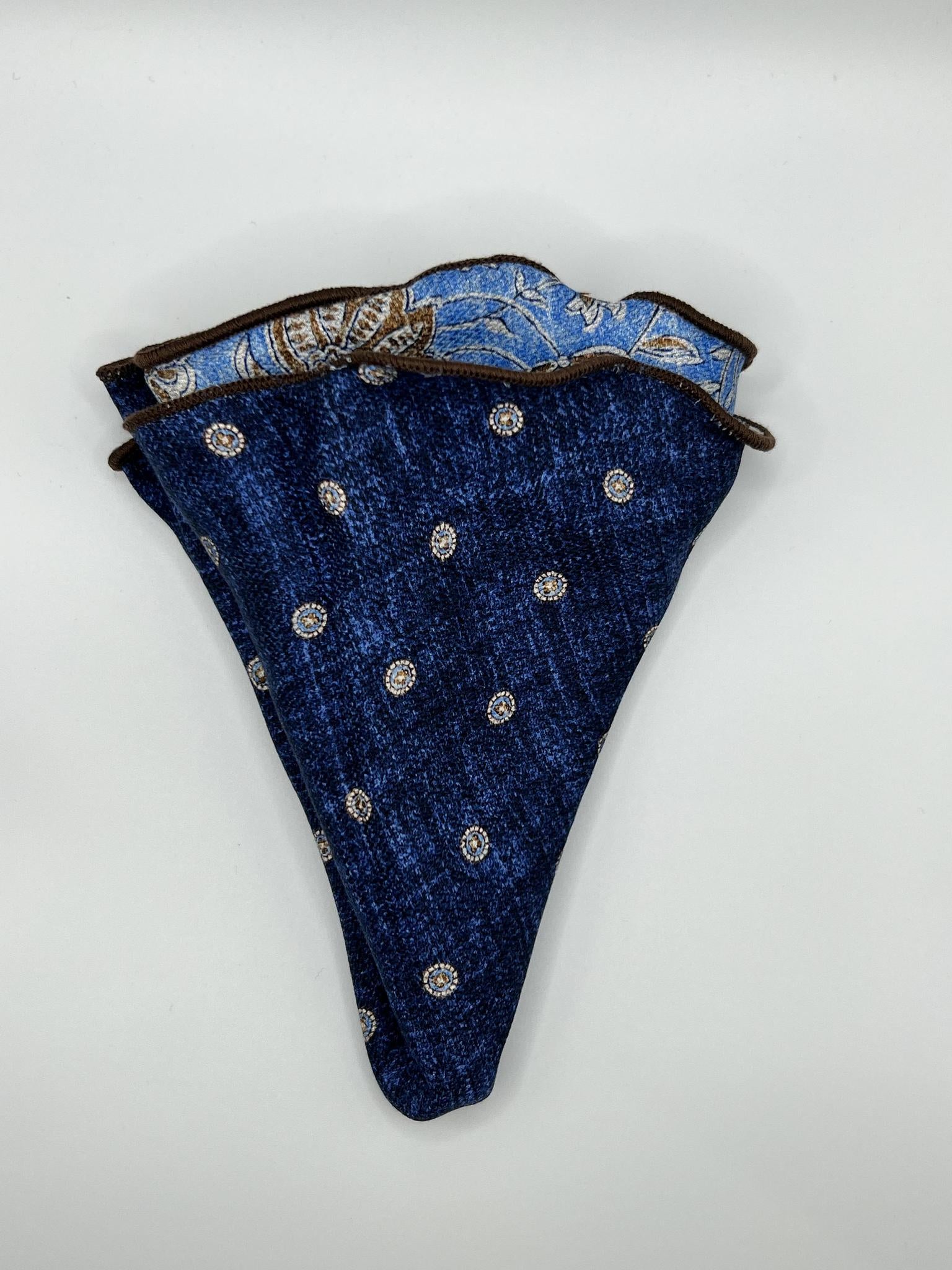 Navy Medallion /Vine Print Silk Reversible Pocket Circle