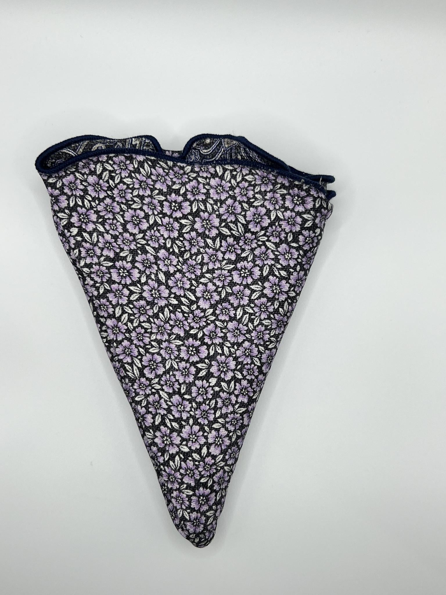 Charcoal/Purple Exploded Paisley/Geo Print Silk Shappe Diamante Reversible Pocket Circle