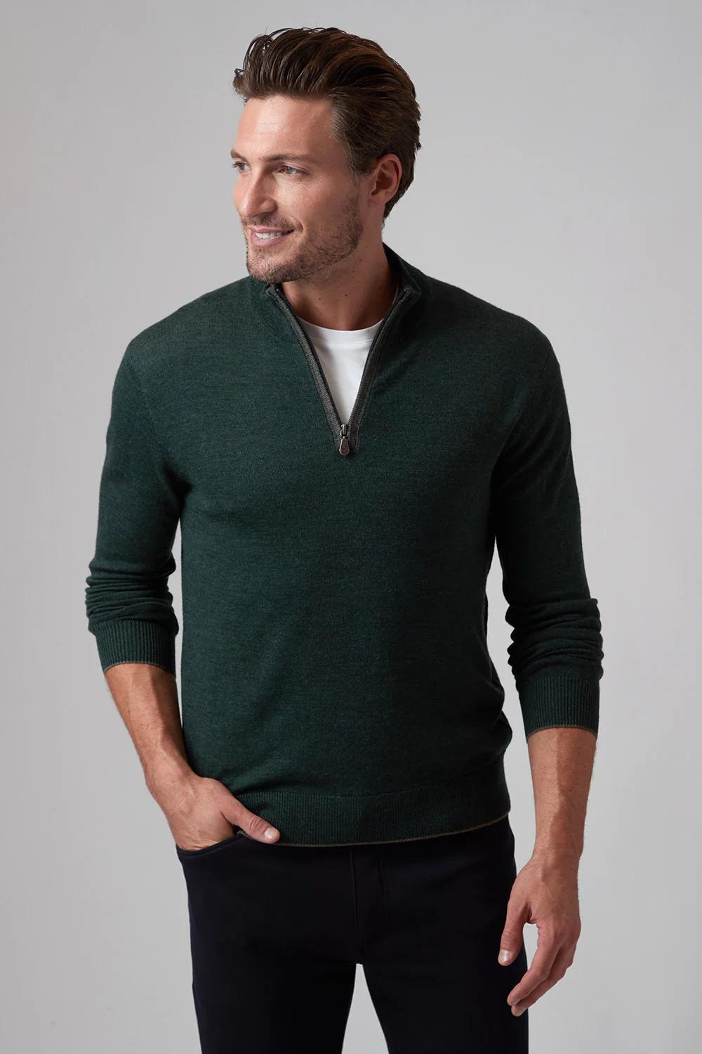 Extra Fine Merino Sweater Q Zip Forest