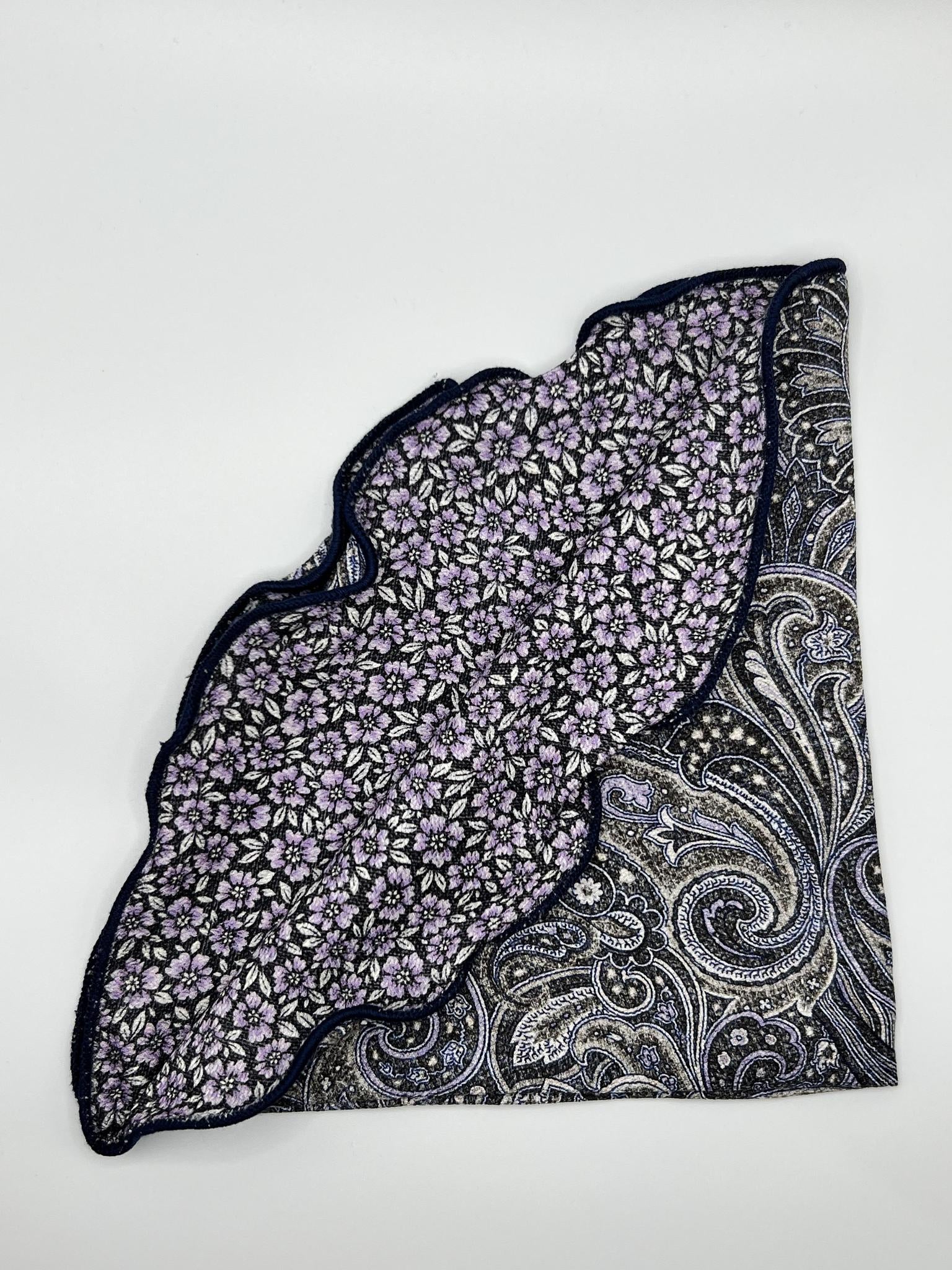 Charcoal/Purple Exploded Paisley/Geo Print Silk Shappe Diamante Reversible Pocket Circle