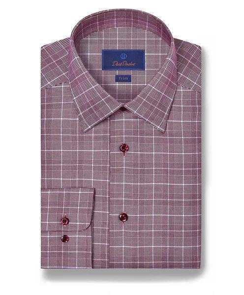 David Donahue Men's Trim Fit Twill Glen Check Dress Shirt - Red - Size 17 32/33