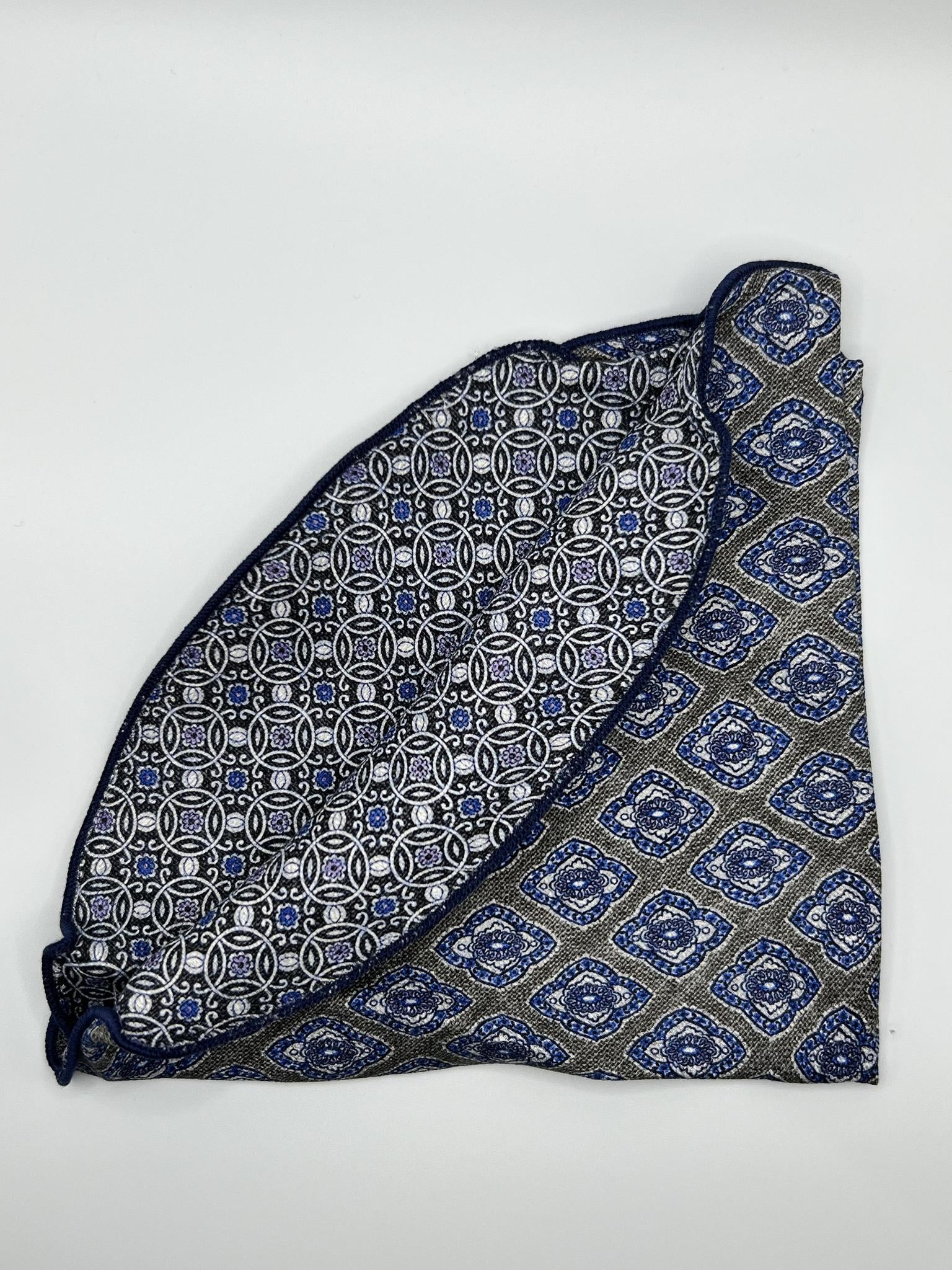 Charcoal/Blue /Geo Print Silk Reversible Pocket Circle
