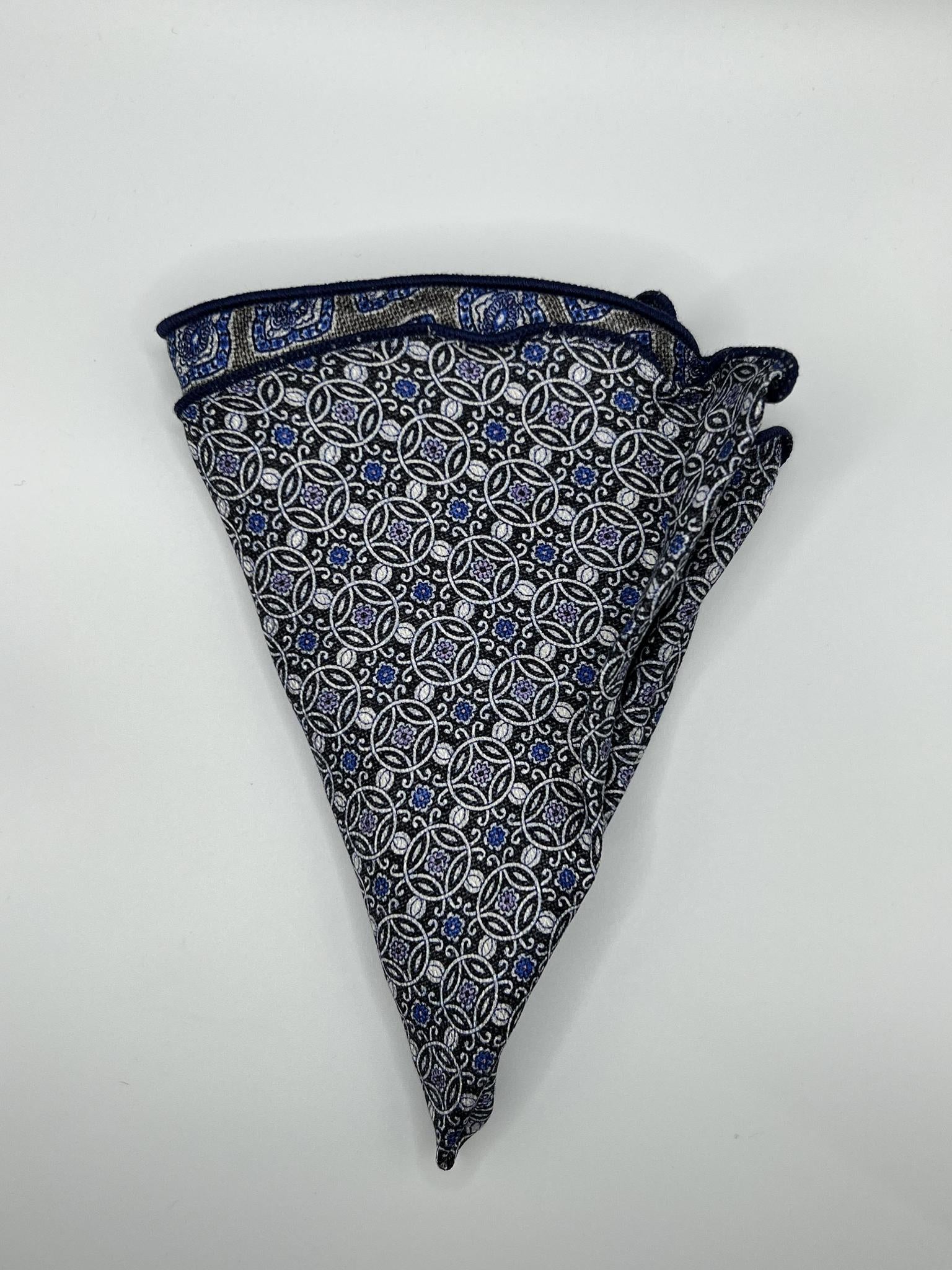 Charcoal/Blue /Geo Print Silk Reversible Pocket Circle