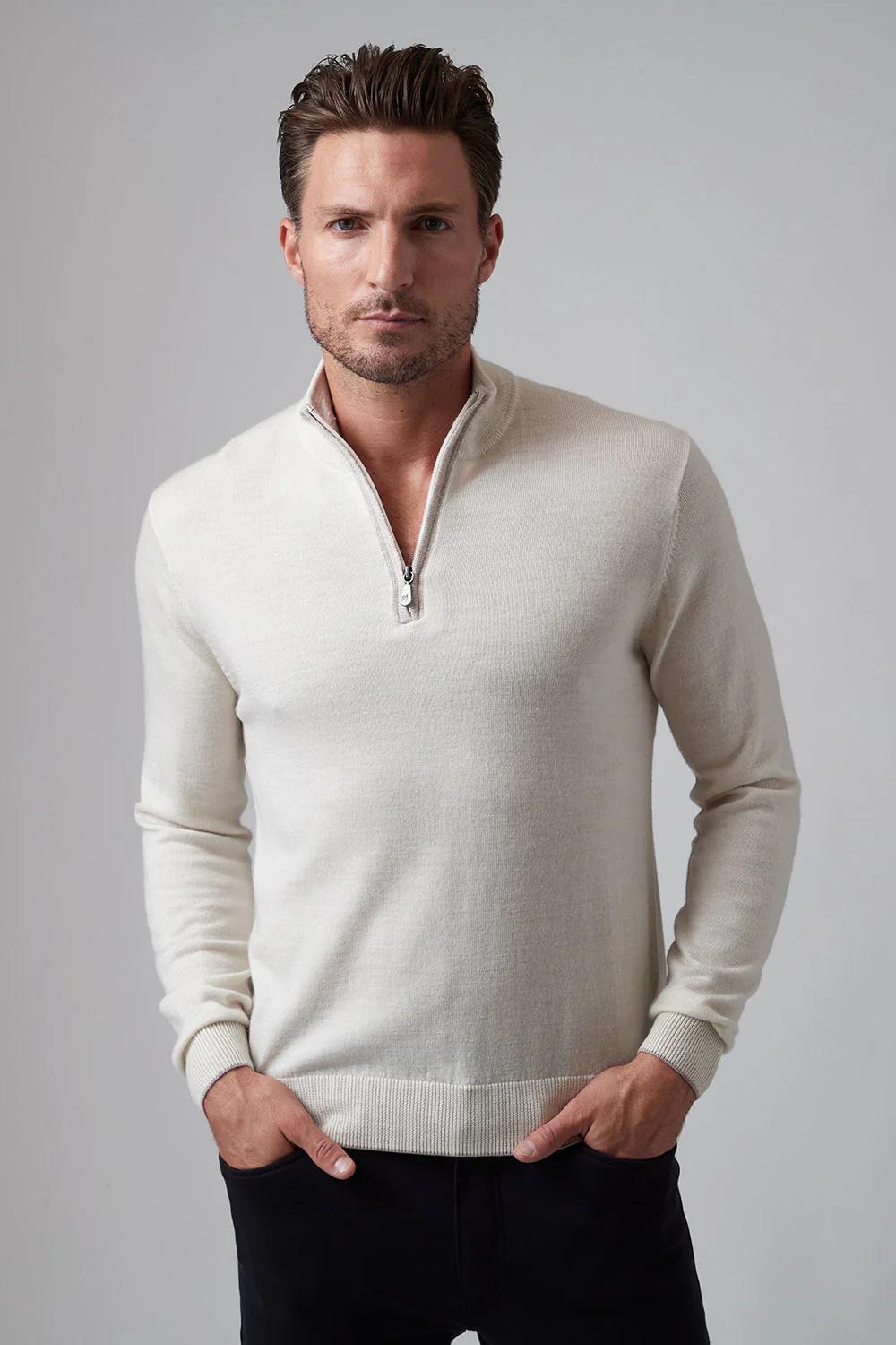 Extra Fine Merino Sweater Q Zip Ivory