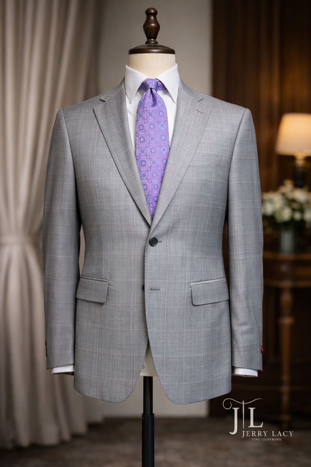 Light Gray Plaid Suit Slim Fit Super 130's