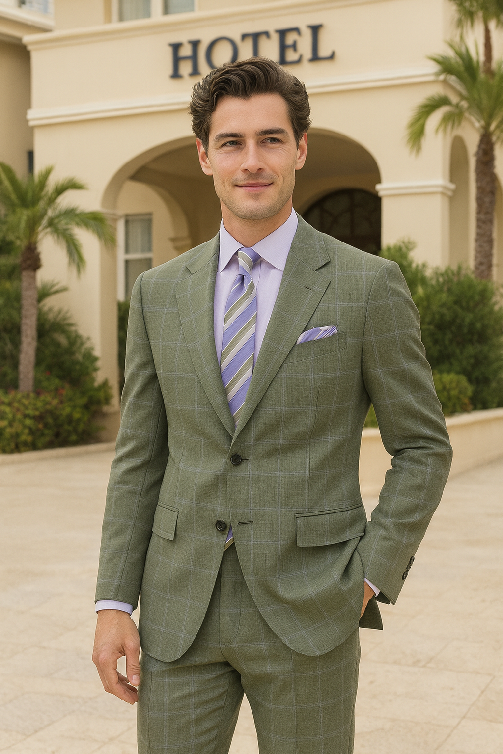 Green Windowpane Slim Fit Suit Notch Lapel