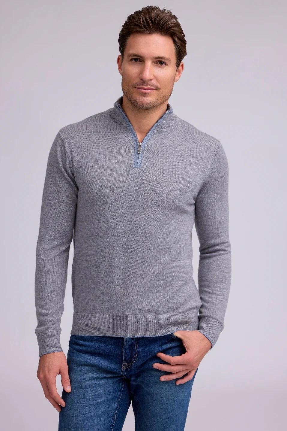 Extra Fine Merino Sweater Q Zip Platinum
