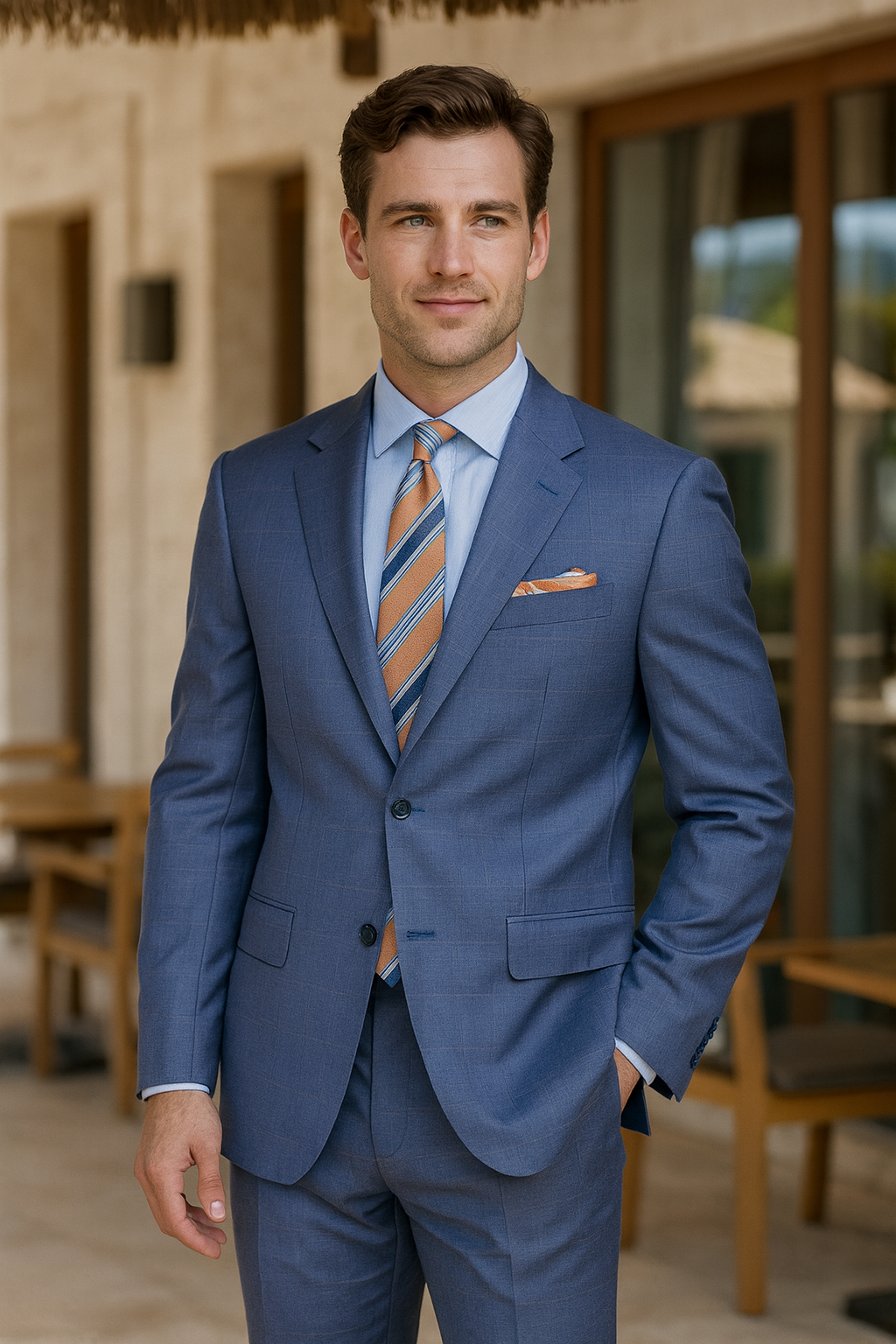 Blue/Gray Windowpane Slim Fit Suit Peak Lapel