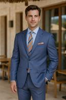 Blue/Gray Windowpane Slim Fit Suit Peak Lapel
