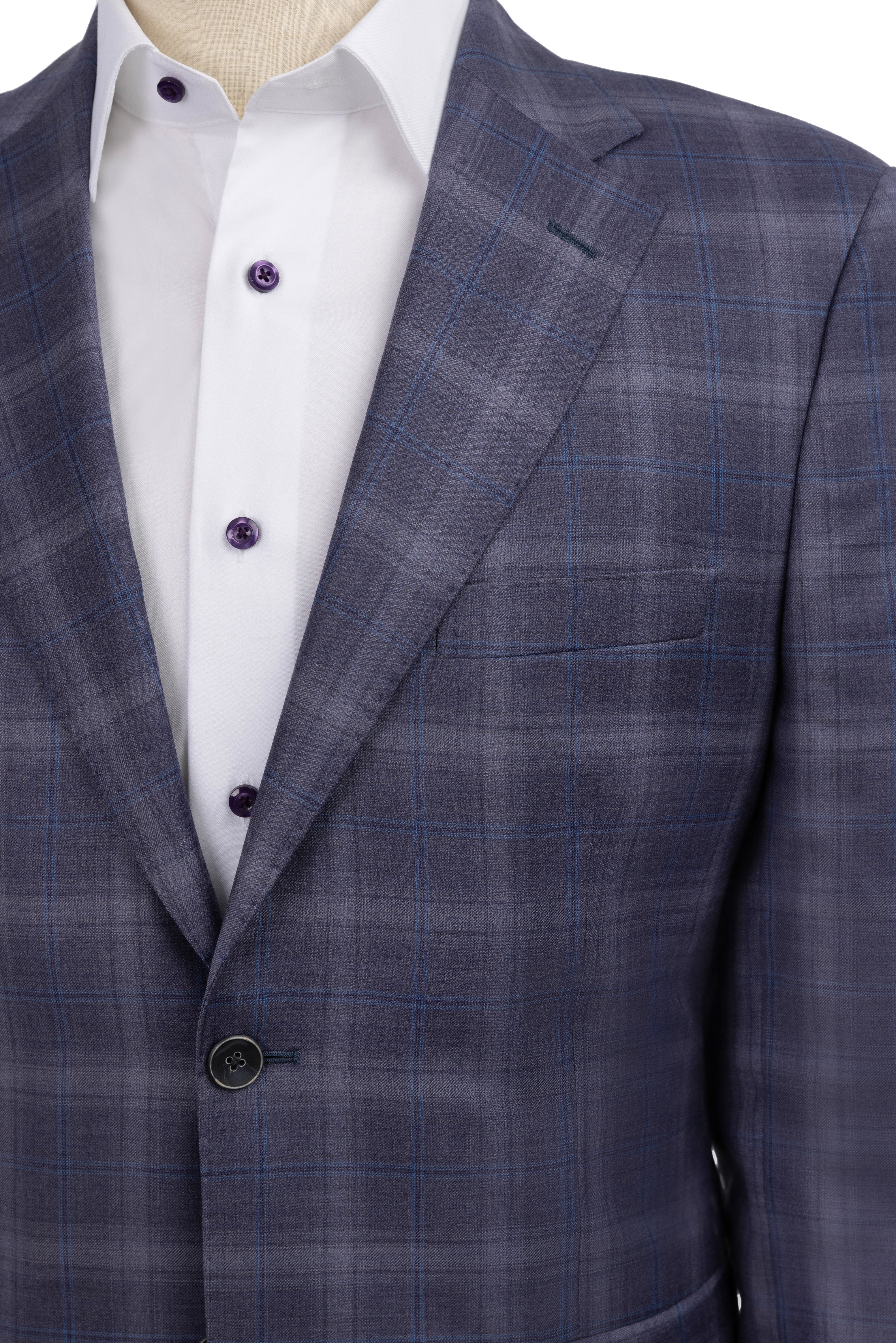 Blue purple windowpane Sport Coat Modern Fit Super 130's