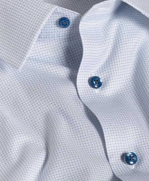 White & Blue Micro Geometric Print Stretch Dress Shirt