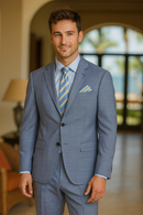 Light Blue Windowpane Modern Fit Suit Notch Lapel