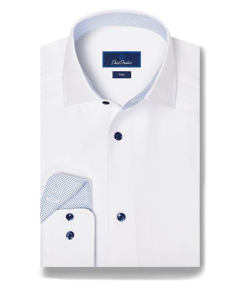 White Contrast Herringbone Solid Dress Shirt