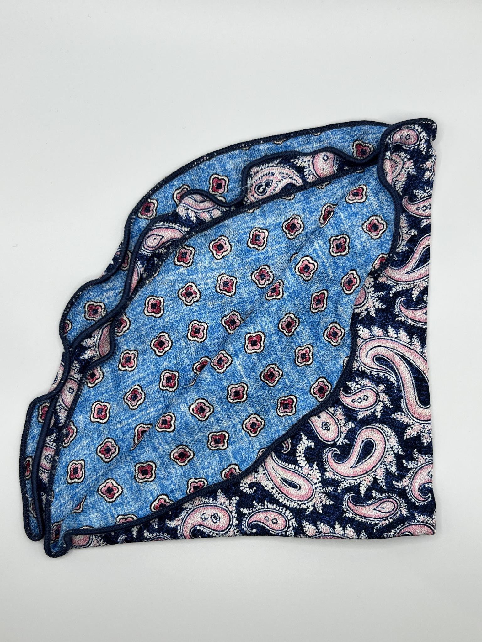 Navy/Pink Paisley/ Geo Print Silk Reversible Pocket Circle